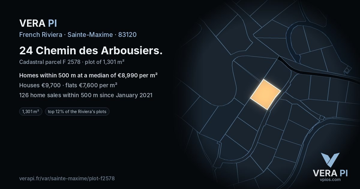 24 Chemin des Arbousiers, Sainte-Maxime at night – the plot lit, the parcels around coloured by the prices near them