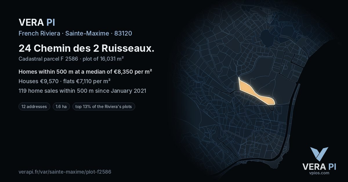 24 Chemin des 2 Ruisseaux, Sainte-Maxime at night – the plot lit, the parcels around coloured by the prices near them