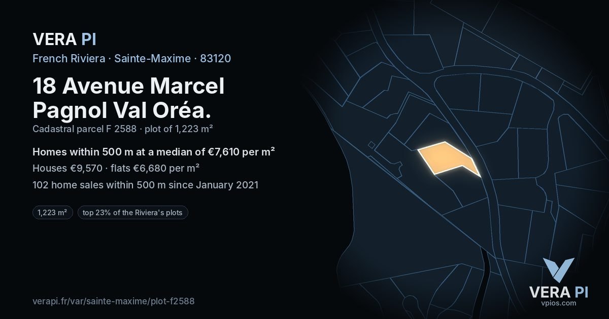 18 Avenue Marcel Pagnol Val Oréa, Sainte-Maxime at night – the plot lit, the parcels around coloured by the prices near them