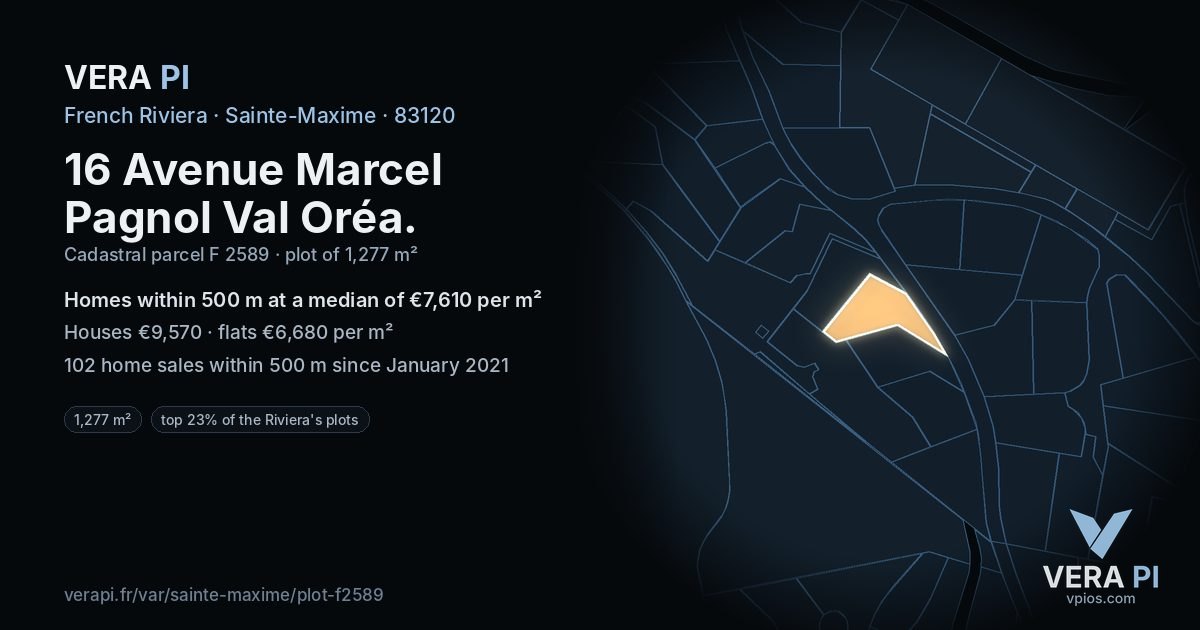 16 Avenue Marcel Pagnol Val Oréa, Sainte-Maxime at night – the plot lit, the parcels around coloured by the prices near them