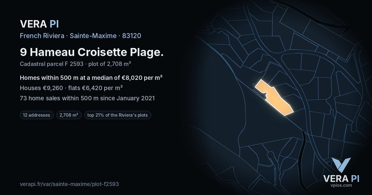 9 Hameau Croisette Plage, Sainte-Maxime at night – the plot lit, the parcels around coloured by the prices near them
