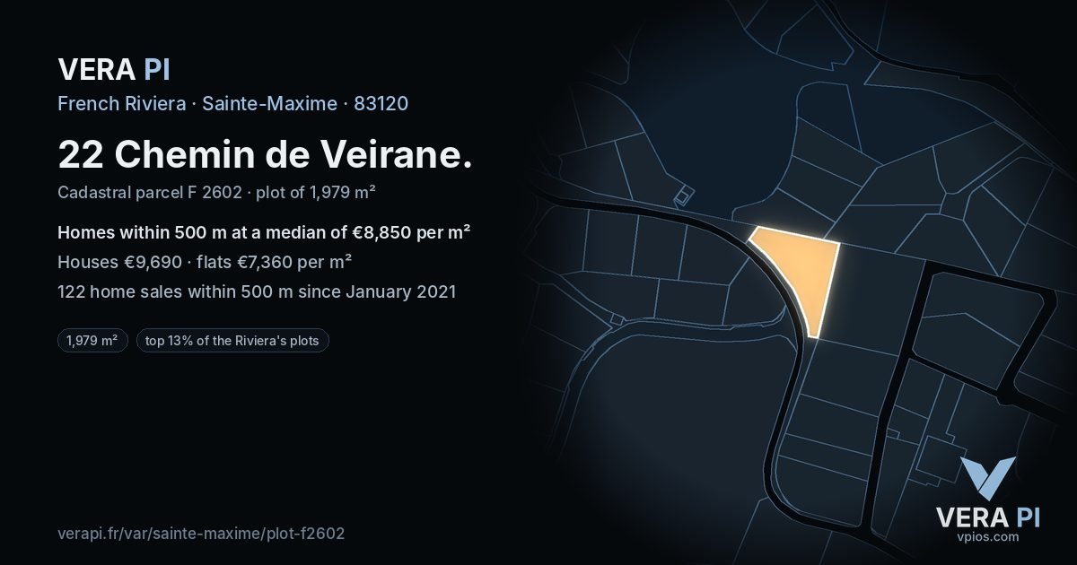 22 Chemin de Veirane, Sainte-Maxime at night – the plot lit, the parcels around coloured by the prices near them