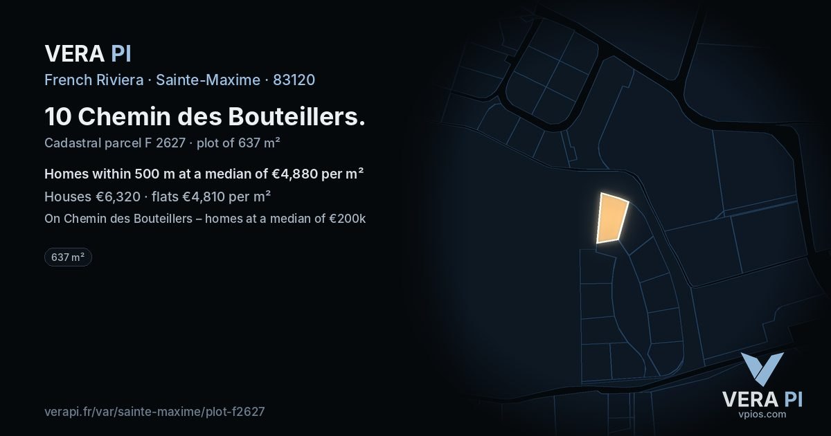 10 Chemin des Bouteillers, Sainte-Maxime at night – the plot lit, the parcels around coloured by the prices near them
