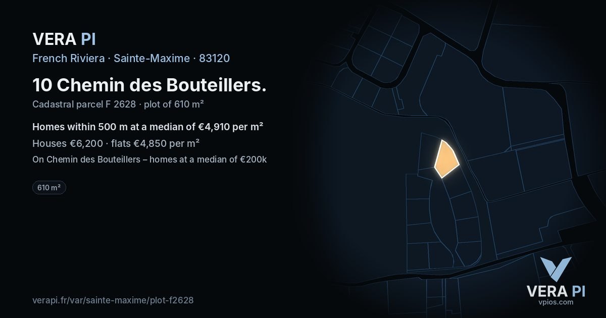 10 Chemin des Bouteillers, Sainte-Maxime at night – the plot lit, the parcels around coloured by the prices near them