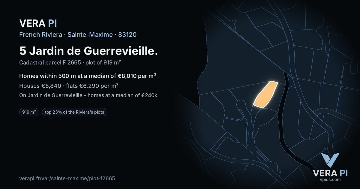 5 Jardin de Guerrevieille, Sainte-Maxime at night – the plot lit, the parcels around coloured by the prices near them