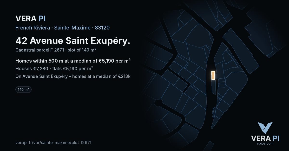 42 Avenue Saint Exupéry, Sainte-Maxime at night – the plot lit, the parcels around coloured by the prices near them
