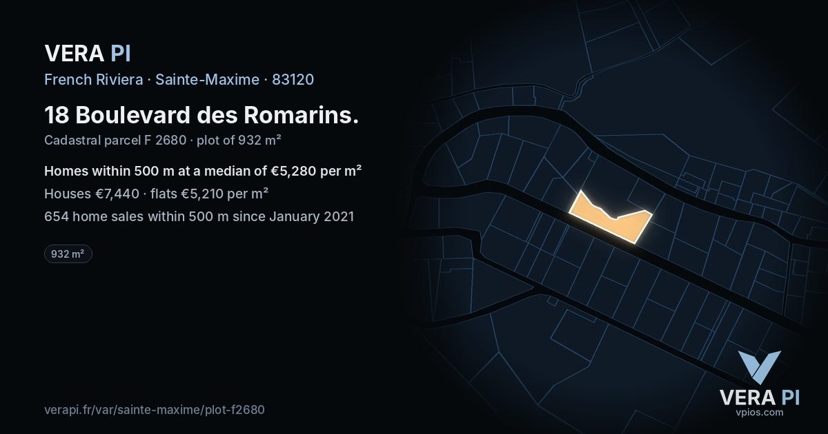 18 Boulevard des Romarins, Sainte-Maxime at night – the plot lit, the parcels around coloured by the prices near them