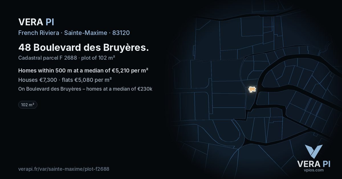 48 Boulevard des Bruyères, Sainte-Maxime at night – the plot lit, the parcels around coloured by the prices near them