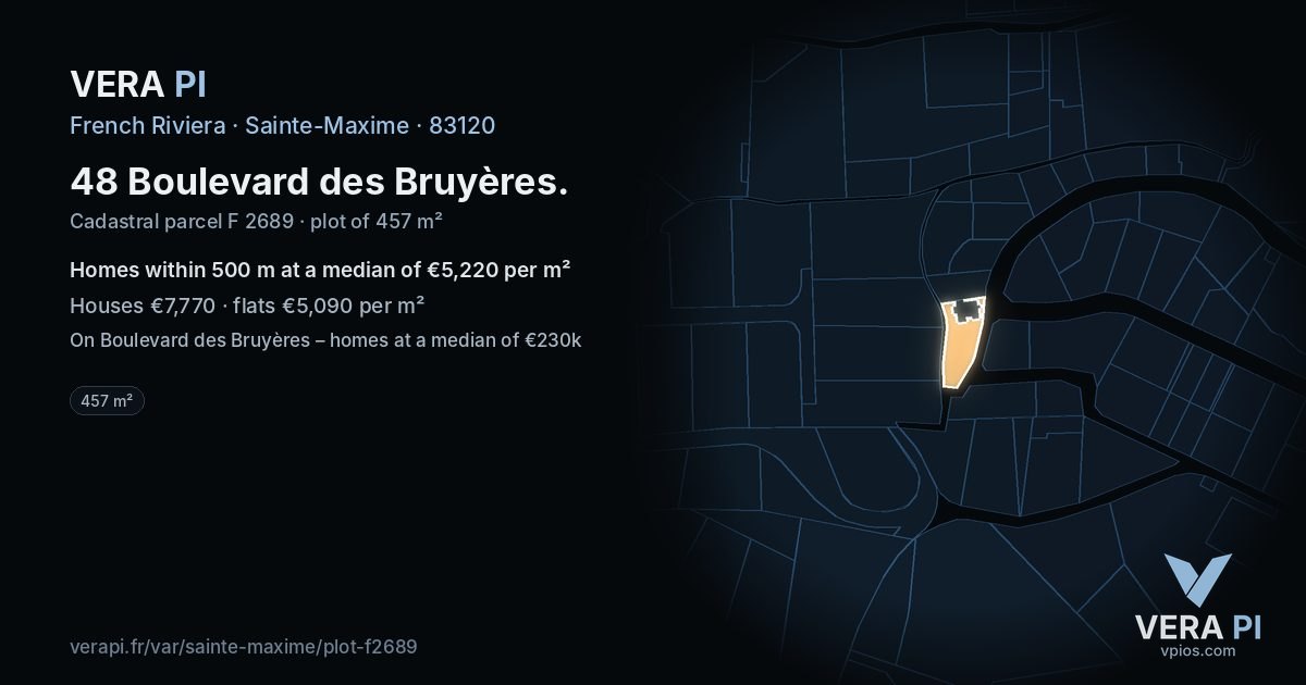 48 Boulevard des Bruyères, Sainte-Maxime at night – the plot lit, the parcels around coloured by the prices near them