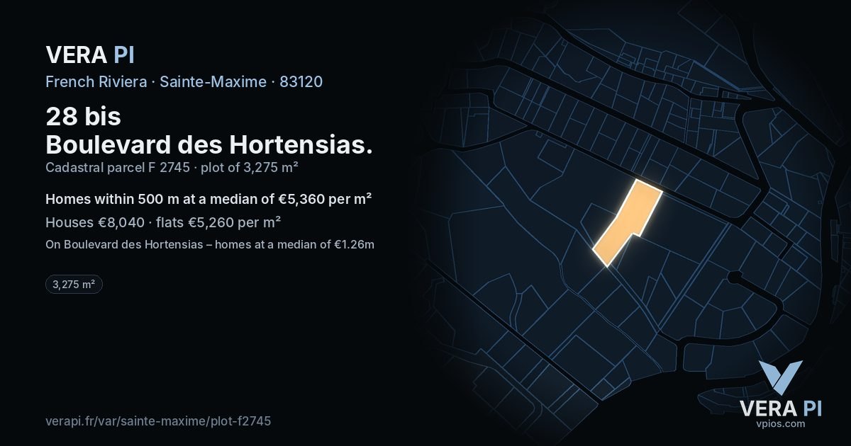 28 bis Boulevard des Hortensias, Sainte-Maxime at night – the plot lit, the parcels around coloured by the prices near them