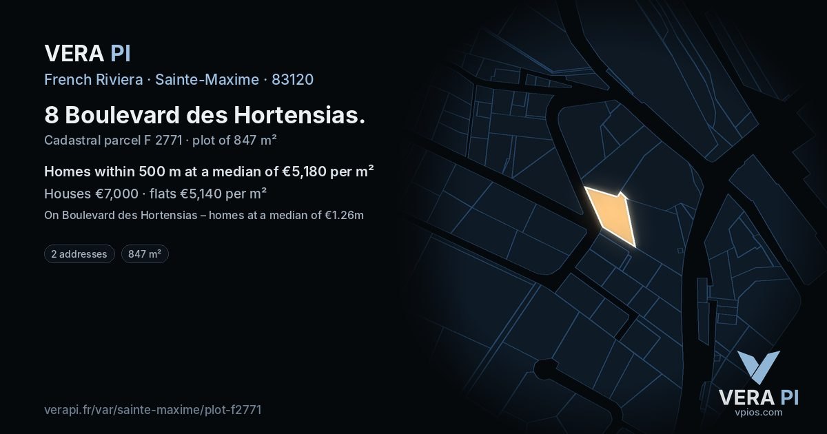 8 Boulevard des Hortensias, Sainte-Maxime at night – the plot lit, the parcels around coloured by the prices near them