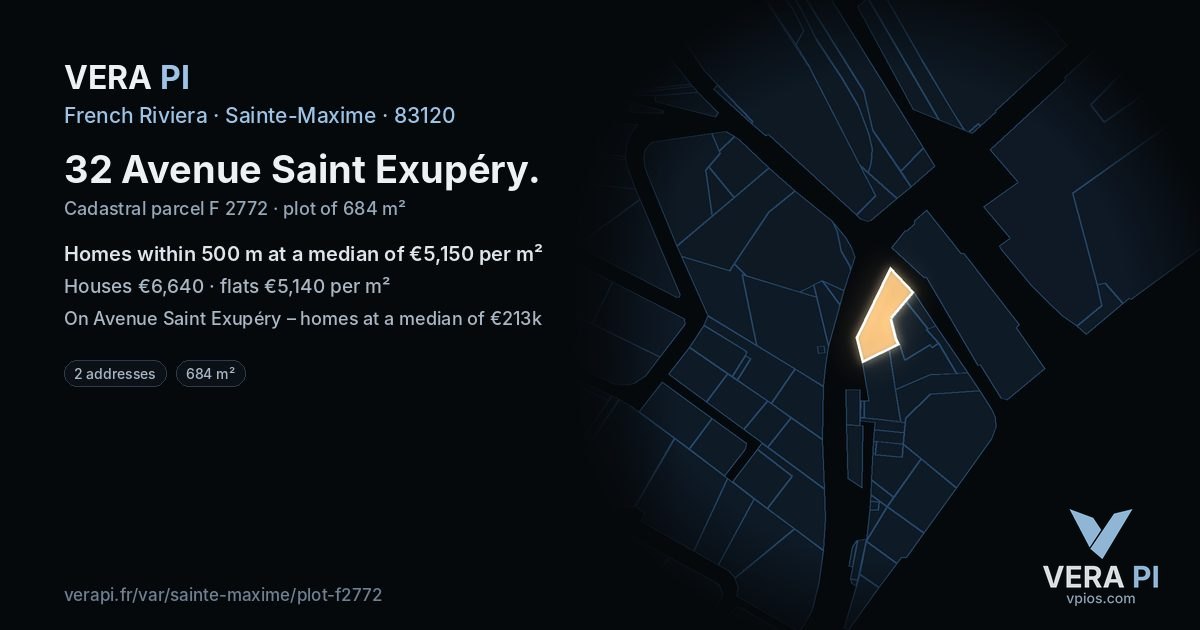 32 Avenue Saint Exupéry, Sainte-Maxime at night – the plot lit, the parcels around coloured by the prices near them