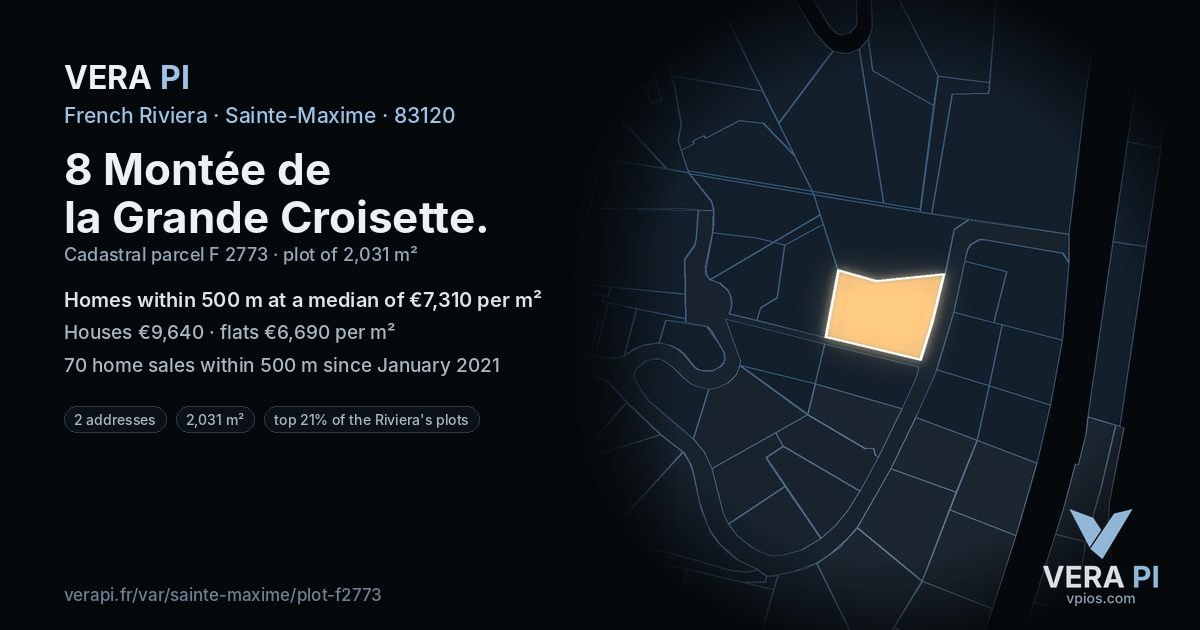 8 Montée de la Grande Croisette, Sainte-Maxime at night – the plot lit, the parcels around coloured by the prices near them