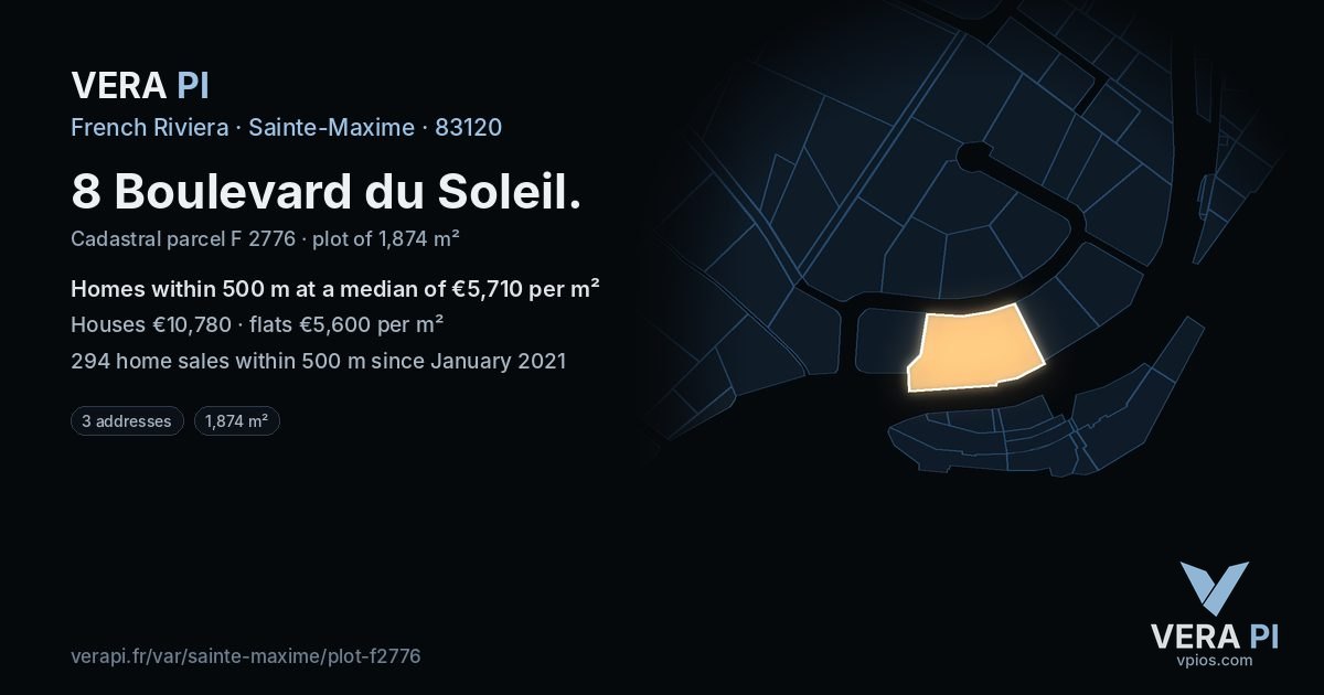 8 Boulevard du Soleil, Sainte-Maxime at night – the plot lit, the parcels around coloured by the prices near them