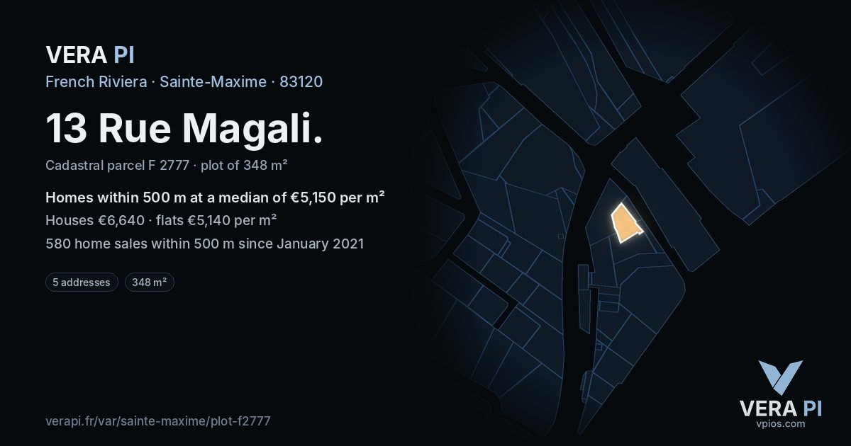 13 Rue Magali, Sainte-Maxime at night – the plot lit, the parcels around coloured by the prices near them