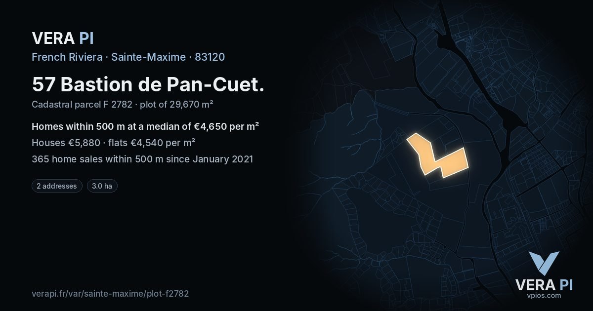 57 Bastion de Pan-Cuet, Sainte-Maxime at night – the plot lit, the parcels around coloured by the prices near them