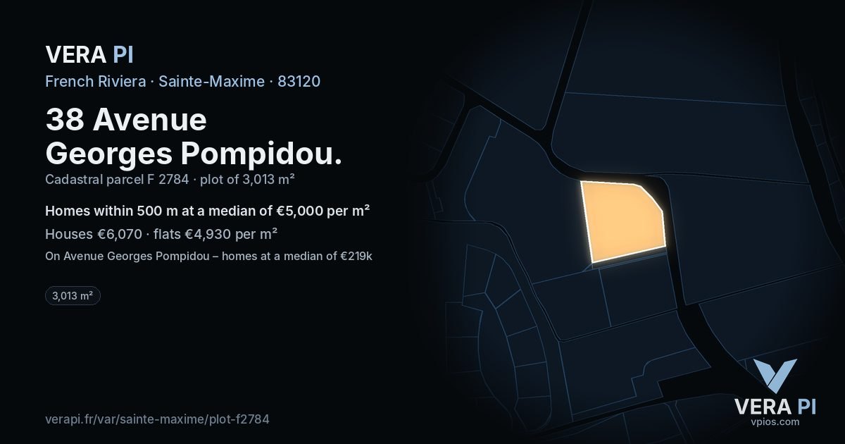 38 Avenue Georges Pompidou, Sainte-Maxime at night – the plot lit, the parcels around coloured by the prices near them