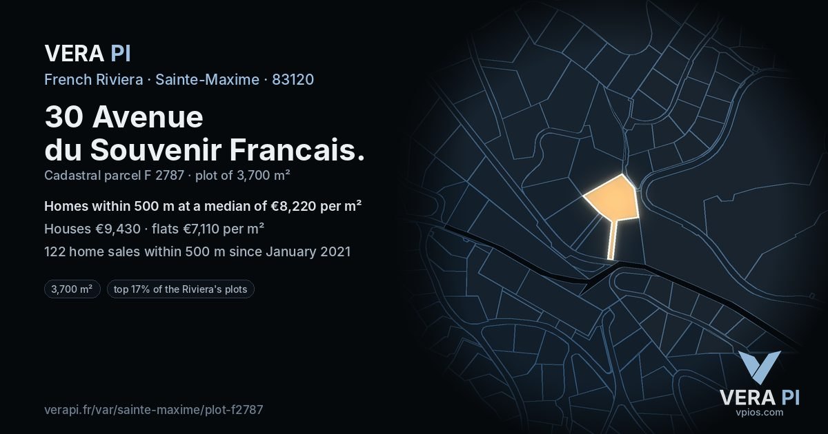 30 Avenue du Souvenir Francais, Sainte-Maxime at night – the plot lit, the parcels around coloured by the prices near them