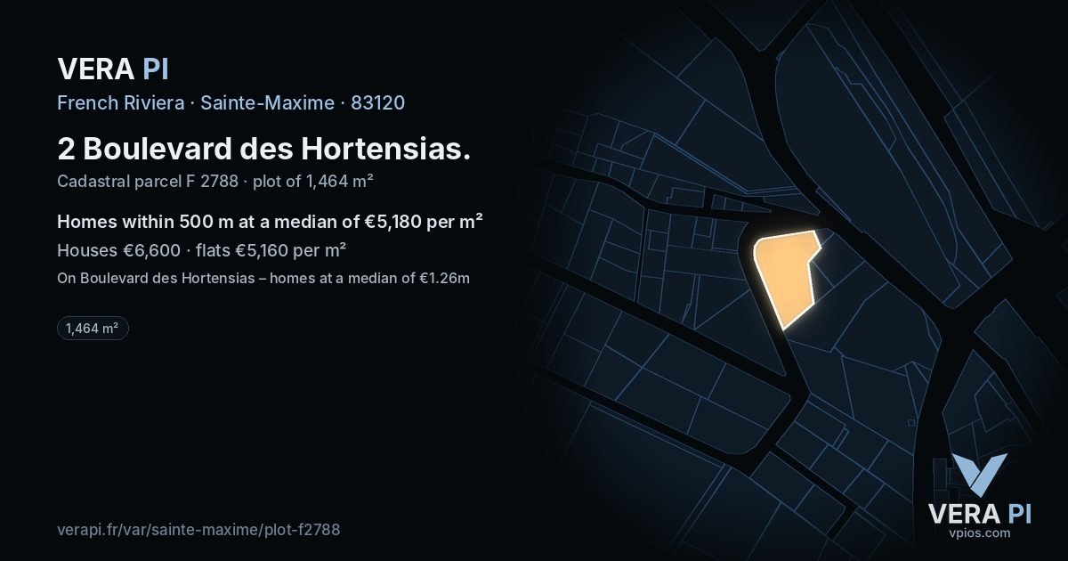 2 Boulevard des Hortensias, Sainte-Maxime at night – the plot lit, the parcels around coloured by the prices near them