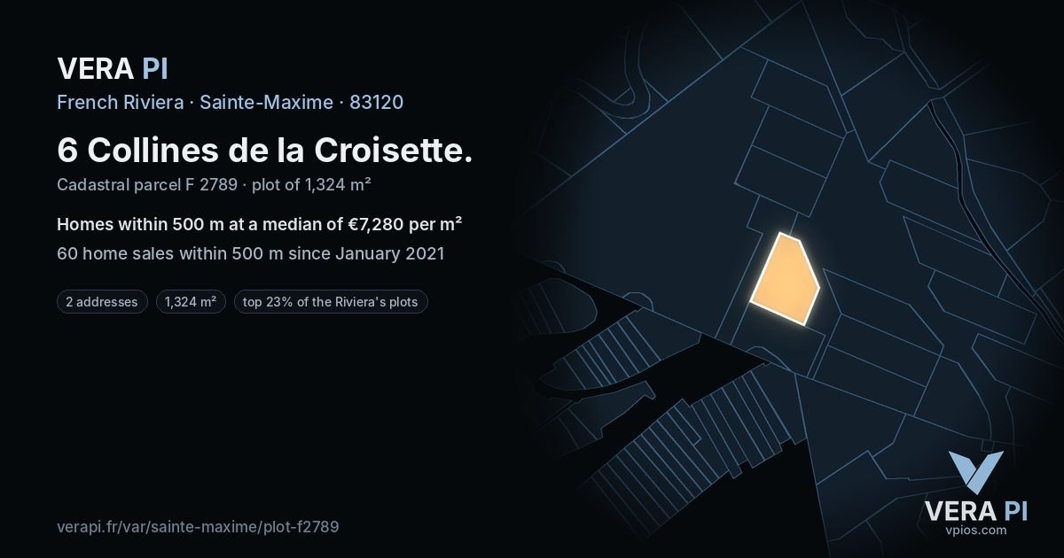 6 Collines de la Croisette, Sainte-Maxime at night – the plot lit, the parcels around coloured by the prices near them