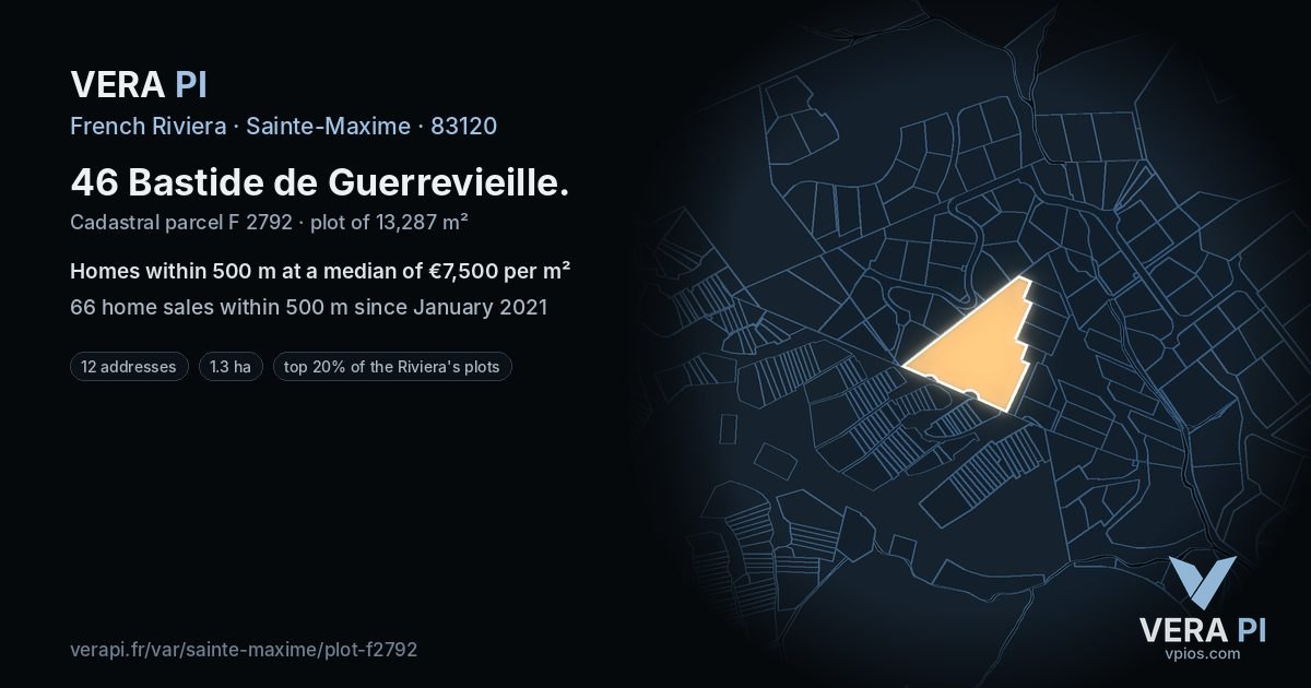 46 Bastide de Guerrevieille, Sainte-Maxime at night – the plot lit, the parcels around coloured by the prices near them