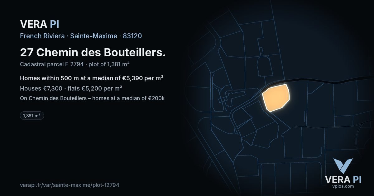 27 Chemin des Bouteillers, Sainte-Maxime at night – the plot lit, the parcels around coloured by the prices near them