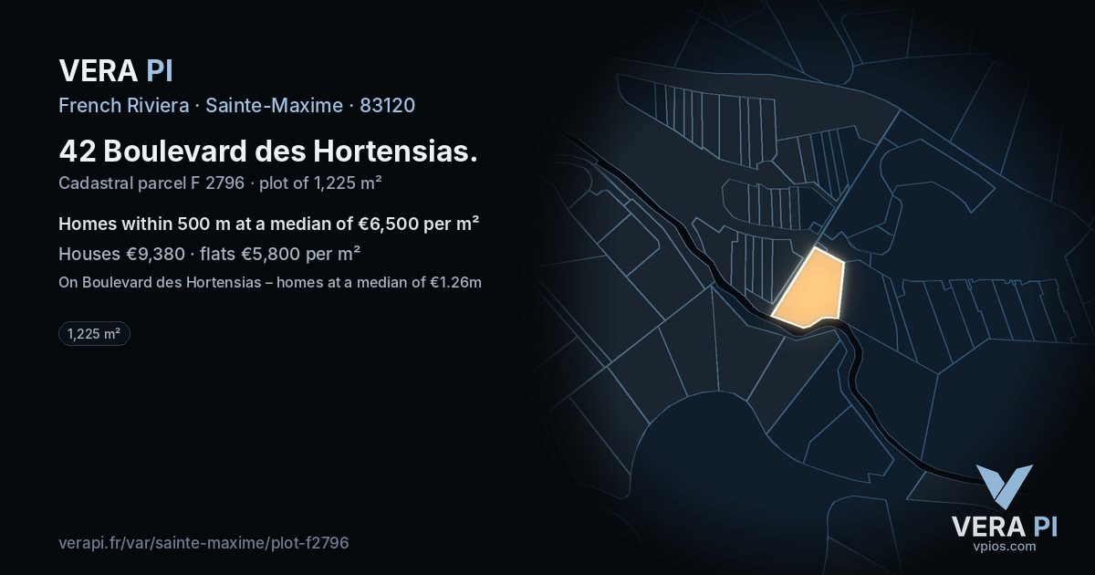 42 Boulevard des Hortensias, Sainte-Maxime at night – the plot lit, the parcels around coloured by the prices near them