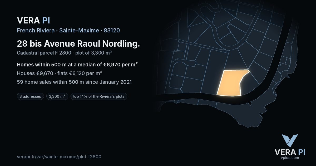 28 bis Avenue Raoul Nordling, Sainte-Maxime at night – the plot lit, the parcels around coloured by the prices near them