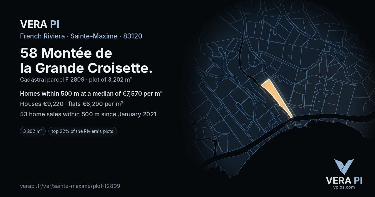58 Montée de la Grande Croisette, Sainte-Maxime at night – the plot lit, the parcels around coloured by the prices near them