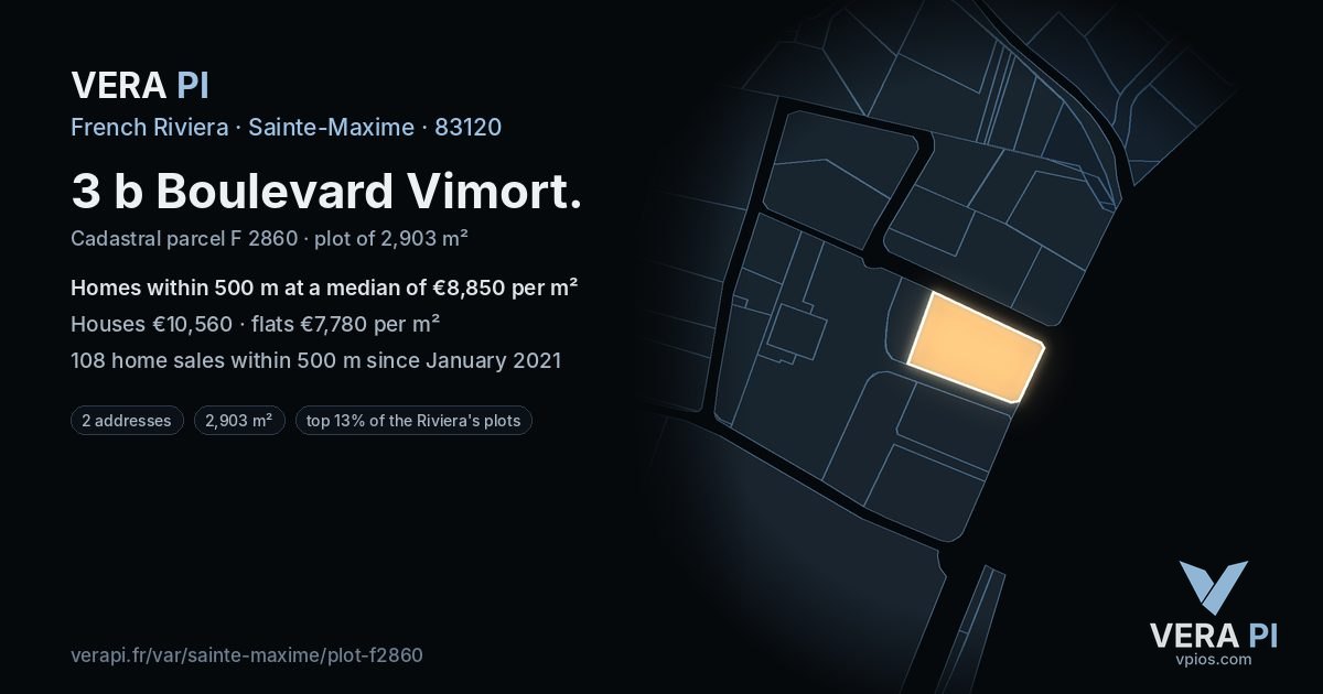 3 b Boulevard Vimort, Sainte-Maxime at night – the plot lit, the parcels around coloured by the prices near them