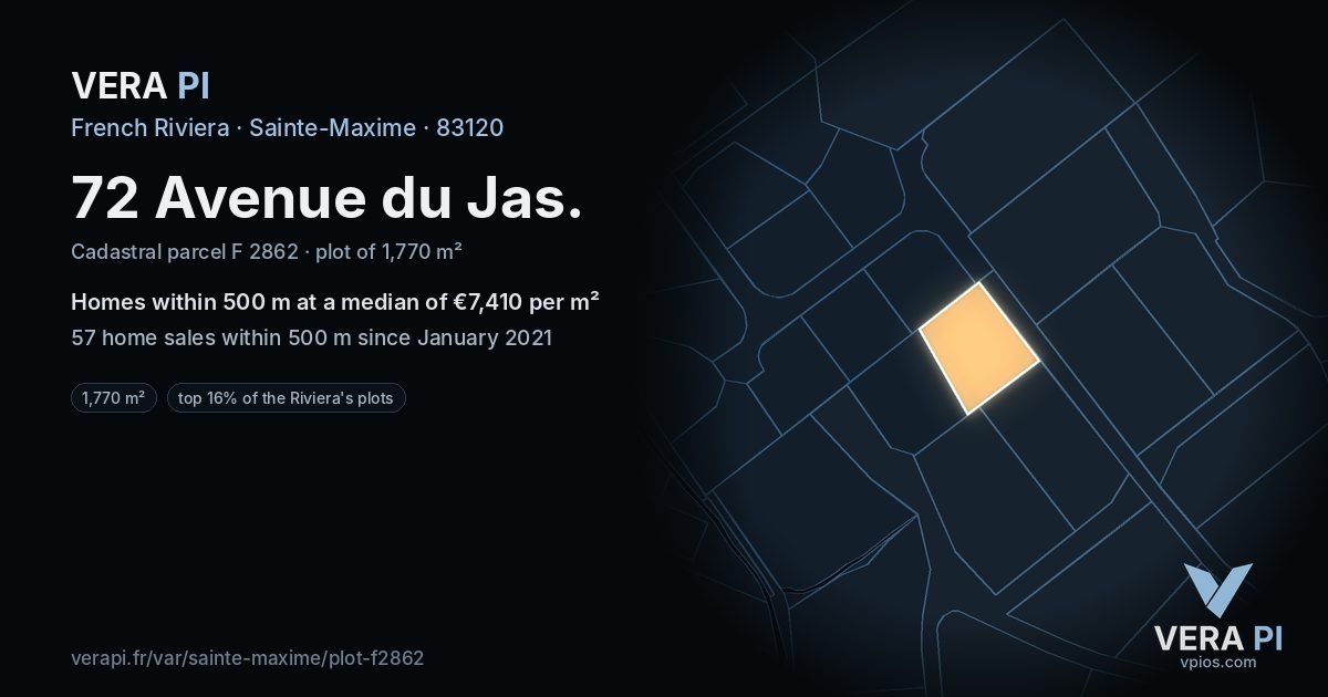 72 Avenue du Jas, Sainte-Maxime at night – the plot lit, the parcels around coloured by the prices near them