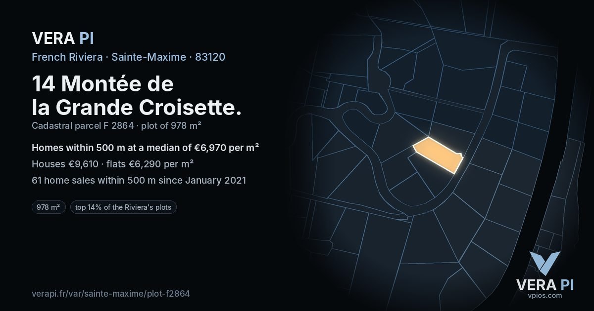 14 Montée de la Grande Croisette, Sainte-Maxime at night – the plot lit, the parcels around coloured by the prices near them
