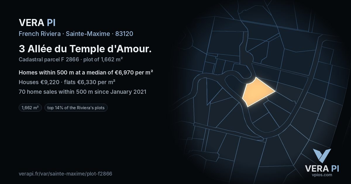 3 Allée du Temple d'Amour, Sainte-Maxime at night – the plot lit, the parcels around coloured by the prices near them