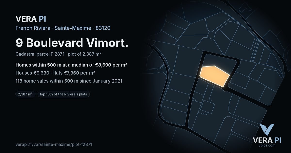 9 Boulevard Vimort, Sainte-Maxime at night – the plot lit, the parcels around coloured by the prices near them