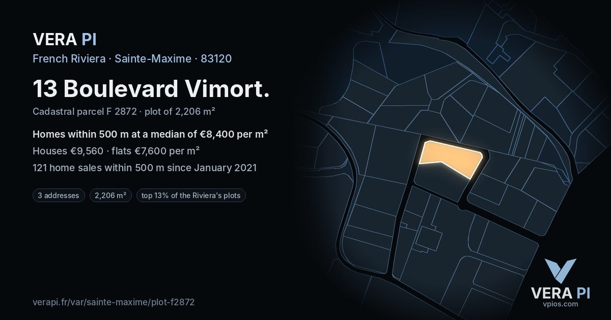 13 Boulevard Vimort, Sainte-Maxime at night – the plot lit, the parcels around coloured by the prices near them