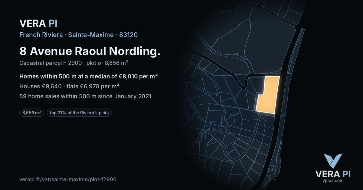8 Avenue Raoul Nordling, Sainte-Maxime at night – the plot lit, the parcels around coloured by the prices near them