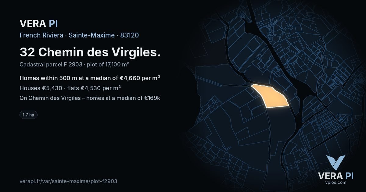 32 Chemin des Virgiles, Sainte-Maxime at night – the plot lit, the parcels around coloured by the prices near them