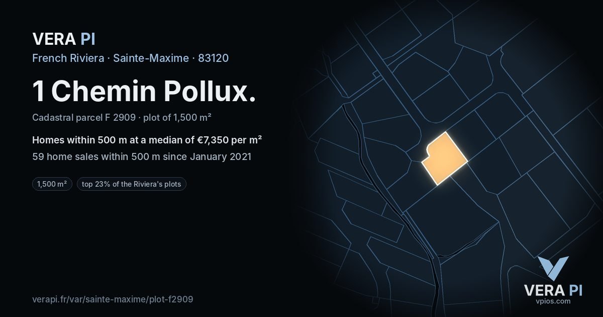 1 Chemin Pollux, Sainte-Maxime at night – the plot lit, the parcels around coloured by the prices near them