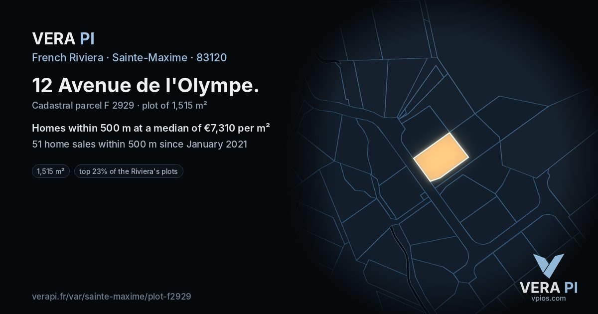 12 Avenue de l'Olympe, Sainte-Maxime at night – the plot lit, the parcels around coloured by the prices near them
