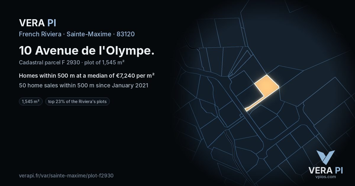 10 Avenue de l'Olympe, Sainte-Maxime at night – the plot lit, the parcels around coloured by the prices near them