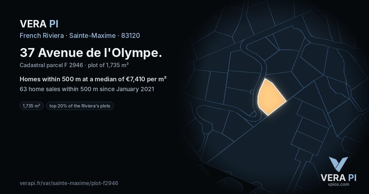 37 Avenue de l'Olympe, Sainte-Maxime at night – the plot lit, the parcels around coloured by the prices near them