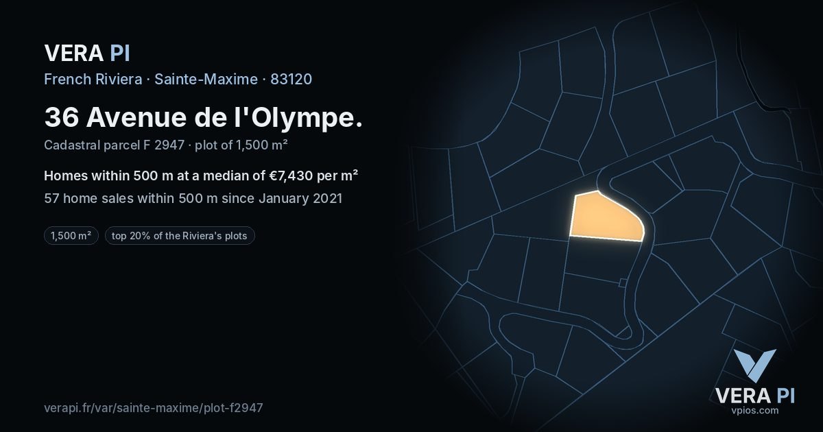 36 Avenue de l'Olympe, Sainte-Maxime at night – the plot lit, the parcels around coloured by the prices near them