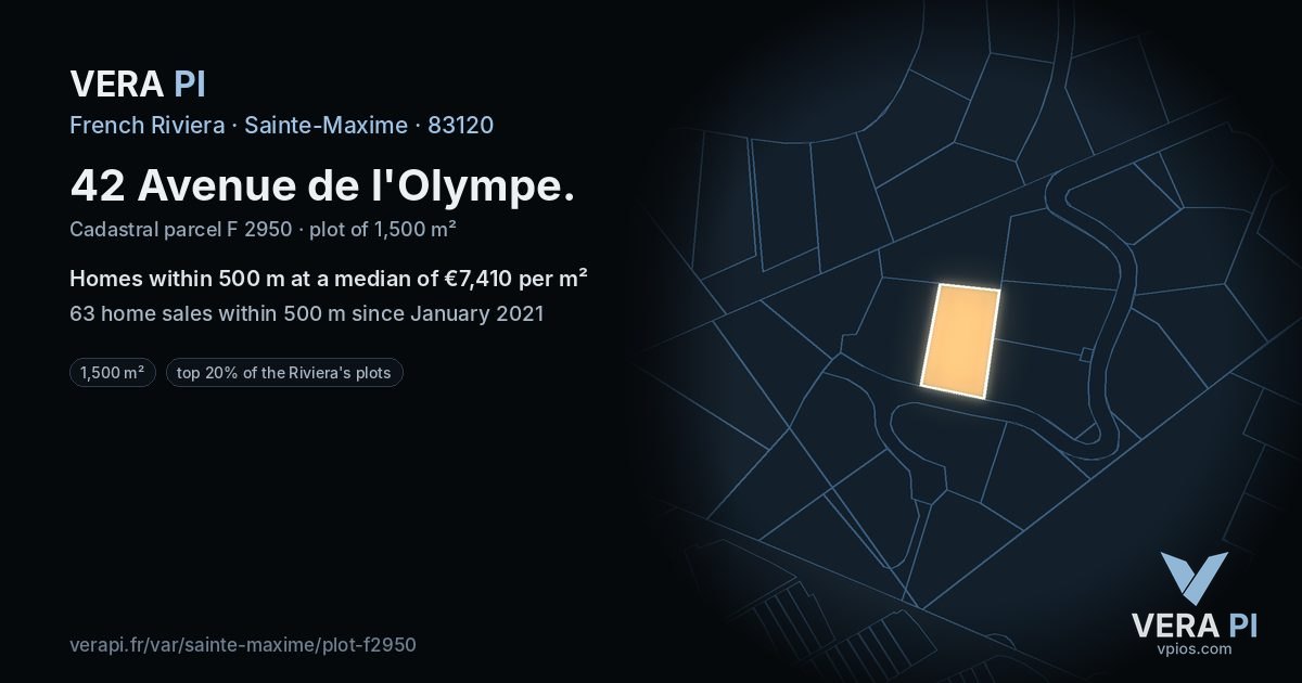 42 Avenue de l'Olympe, Sainte-Maxime at night – the plot lit, the parcels around coloured by the prices near them