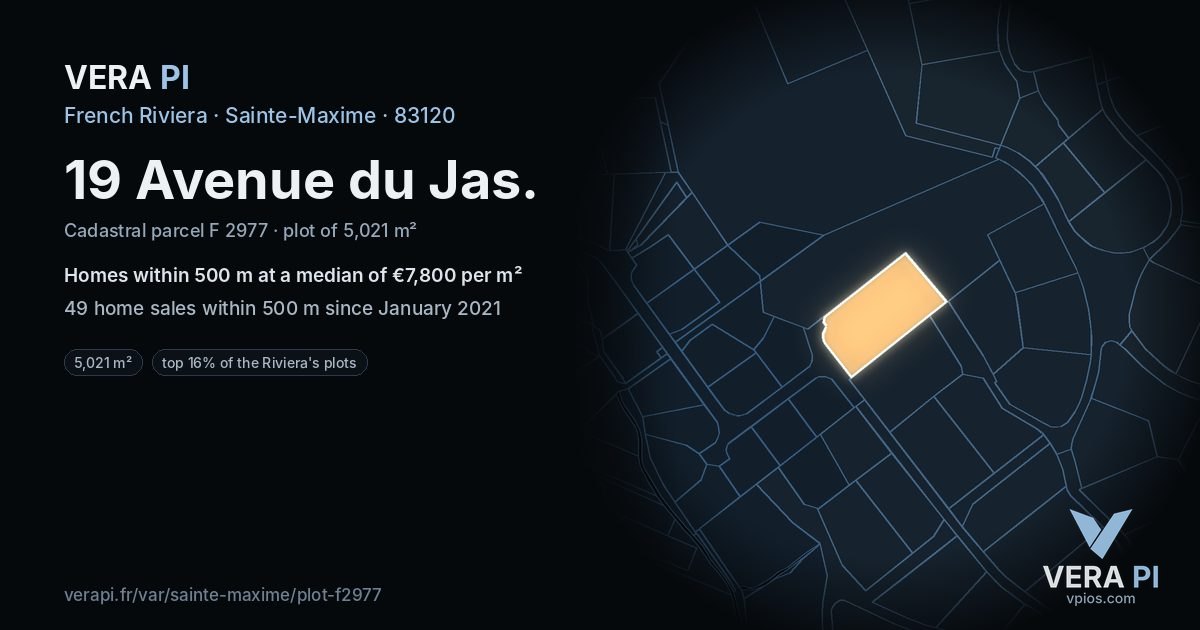 19 Avenue du Jas, Sainte-Maxime at night – the plot lit, the parcels around coloured by the prices near them