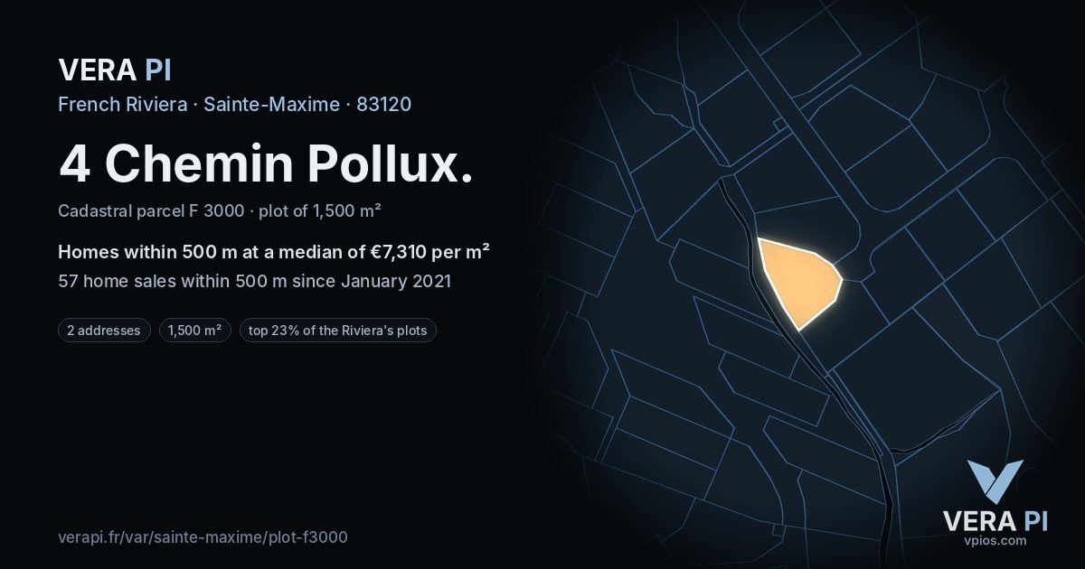 4 Chemin Pollux, Sainte-Maxime at night – the plot lit, the parcels around coloured by the prices near them