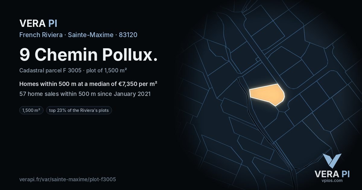 9 Chemin Pollux, Sainte-Maxime at night – the plot lit, the parcels around coloured by the prices near them