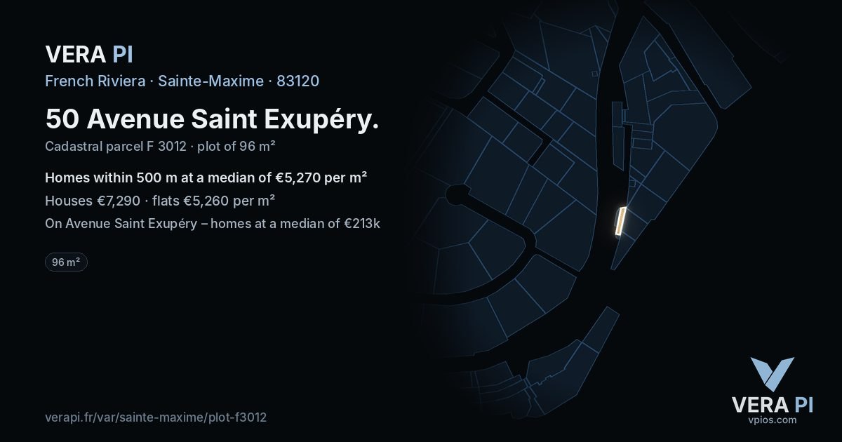 50 Avenue Saint Exupéry, Sainte-Maxime at night – the plot lit, the parcels around coloured by the prices near them