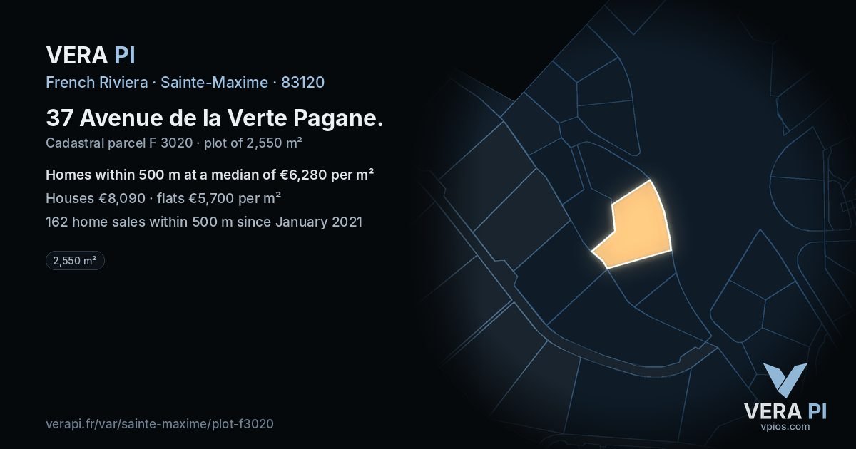 37 Avenue de la Verte Pagane, Sainte-Maxime at night – the plot lit, the parcels around coloured by the prices near them