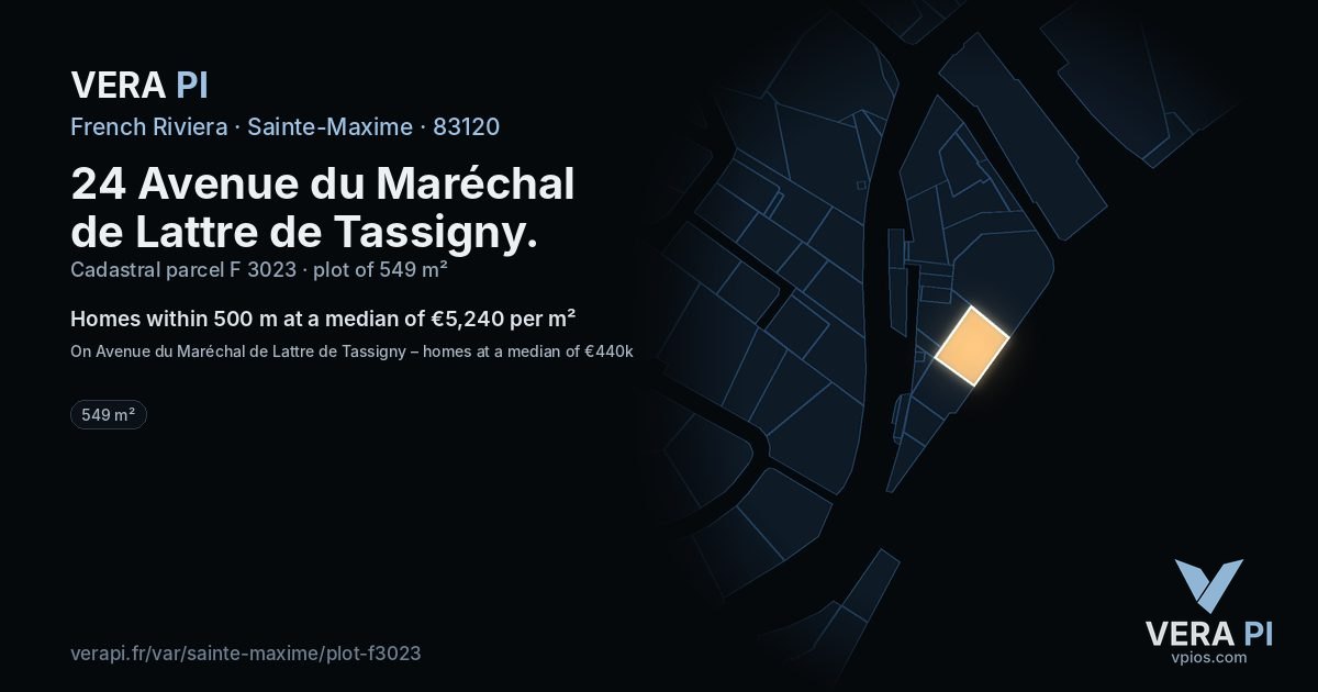 24 Avenue du Maréchal de Lattre de Tassigny, Sainte-Maxime at night – the plot lit, the parcels around coloured by the prices near them
