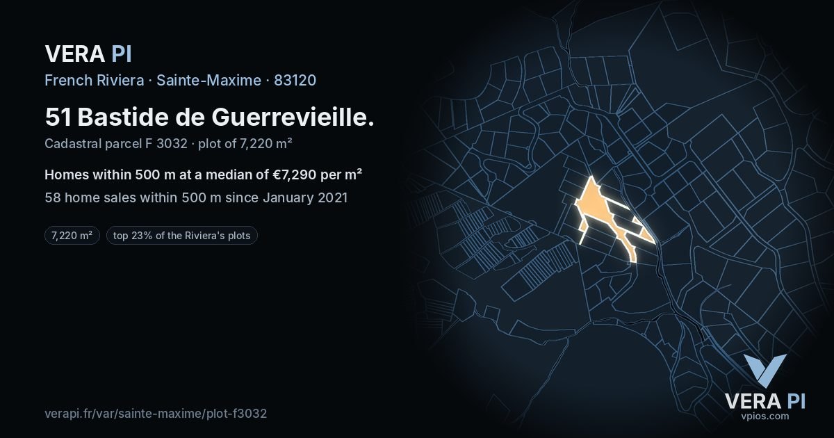 51 Bastide de Guerrevieille, Sainte-Maxime at night – the plot lit, the parcels around coloured by the prices near them